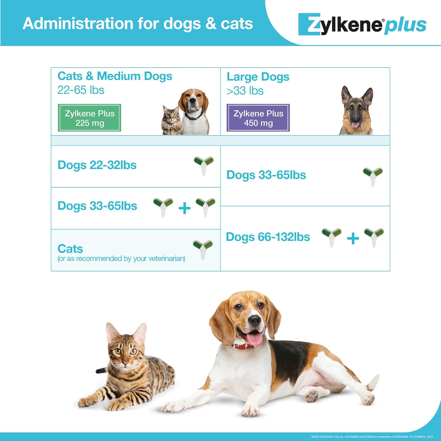 Vetoquinol Zylkene Plus Long-Term Calming Supplement with Alpha-Casozepine and White Fish Muscle Hydrolysate for Cats and Medium Dogs 22-65 lbs, Daily Behavioral Support for Dogs, 225 mg