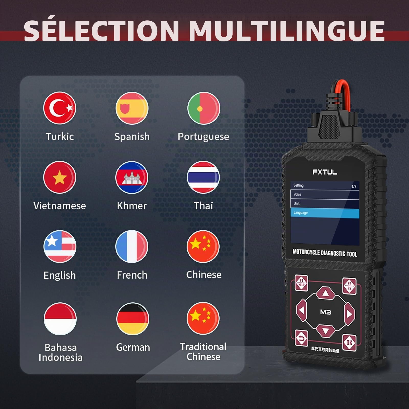 Scanner Diagnostic Moto M3-A - Outil de Diagnostic OBD2 Professionnel pour Moto Yamaha, Kawasaki,Honda,avec Test de Batterie, Lecture/Effacement de Codes Défaut,Test Actuateur,12 Langues Dont Français