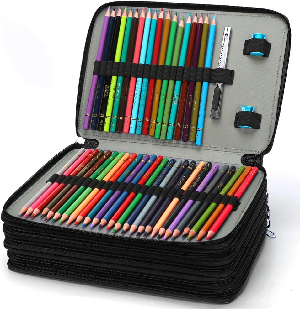 Vomgomfom 252 Slots Pencil Bag, 5-Layer Zipper Art Supply Organizer, PU Leather Portable Colored Pencil Case with Handle for 252 Watercolor Pens, Gel Pens (Black)