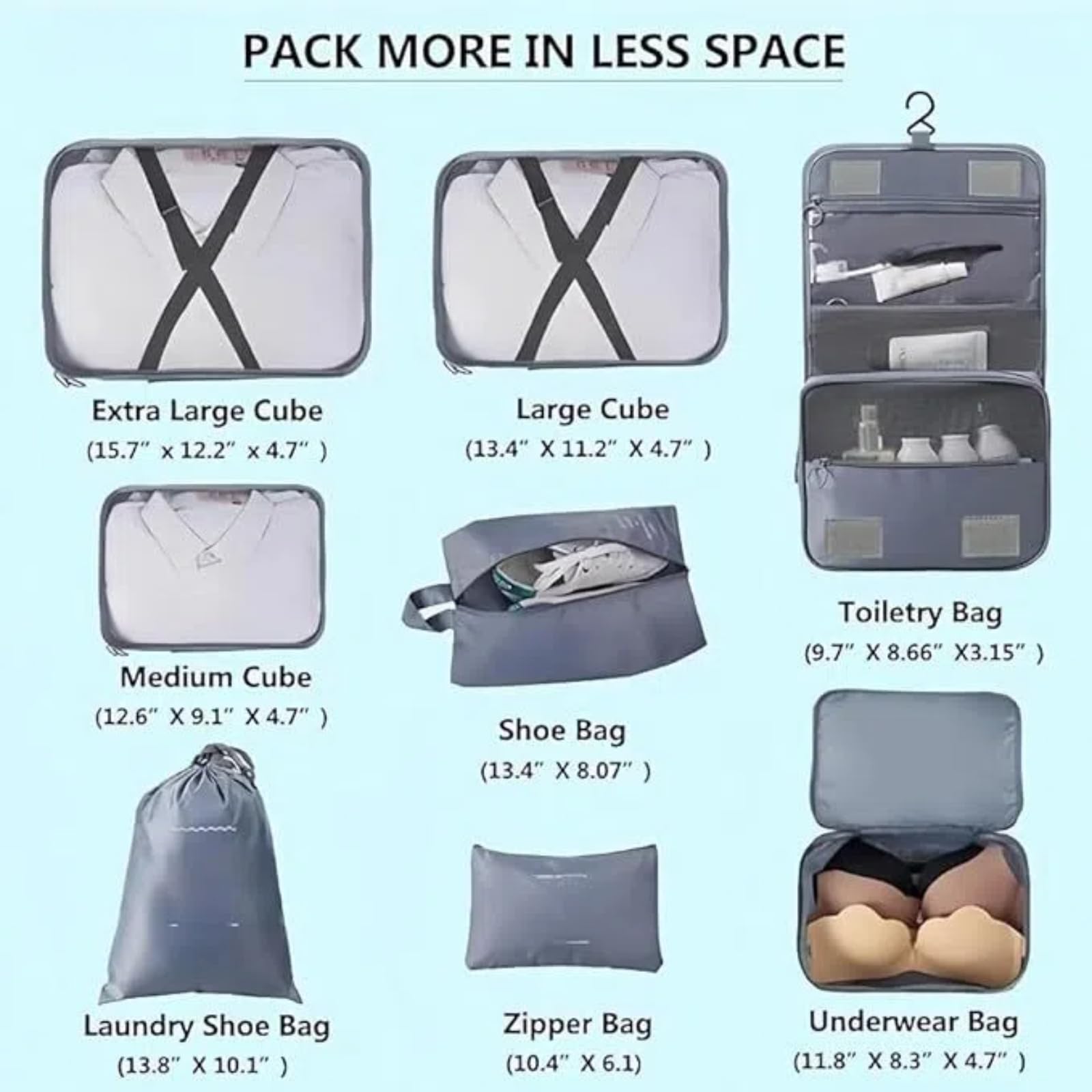 Cubos de embalaje para maletas, juego de 8 piezas, organizador de viaje, cubos de embalaje de compresión para ropa, zapatos, cosméticos, artículos de tocador - Esenciales de viaje