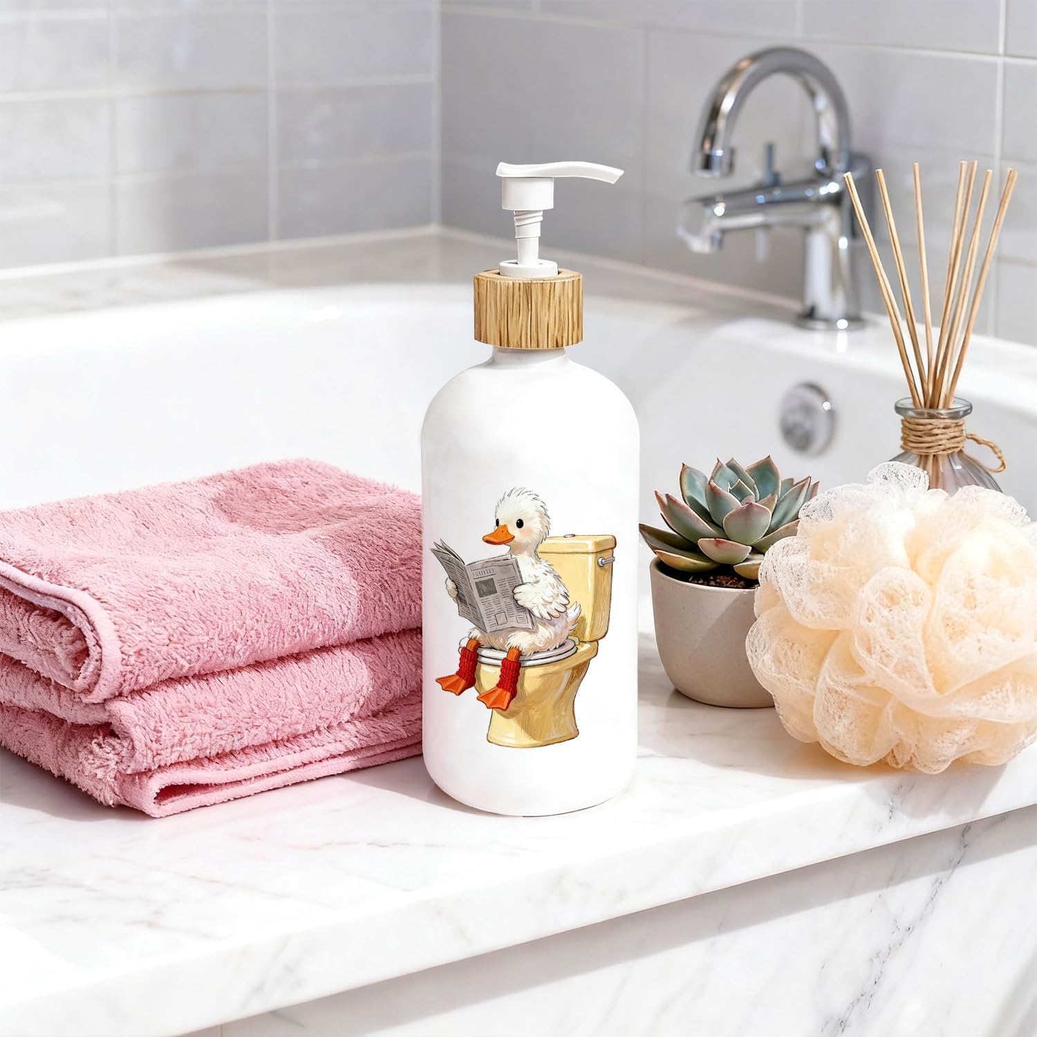 Funny Goose Bathroom Glass Soap Dispenser, Goose Lover Gifts Hand Soap Dispenser, Animal Reading Newspaper on Toilet Refillable Handsoap Pump Bottle for Bathroom Countertop