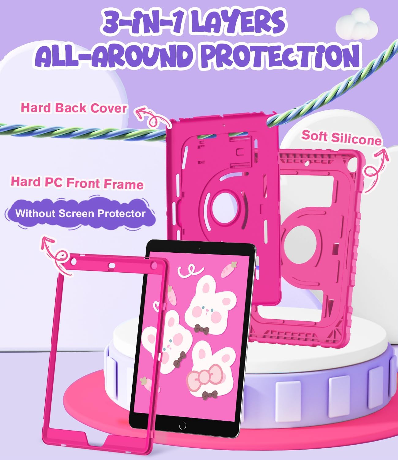 OKP Case for iPad 9th/ 8th/ 7th Generation 10.2 Inch (2021/2020/2019), Shockproof Rugged Heavy Duty i Pad 9 8 7 th Gen Protective 10.2'' Cover with Pencil Holder/Kickstand, Hot Pink