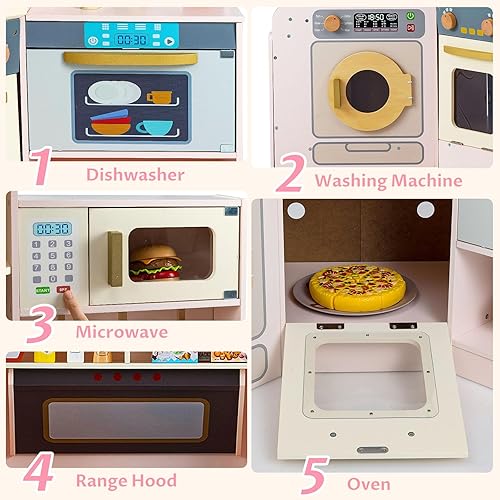 Miniatura 4 de INFANS Juego de cocina esquinera para niños, juego de cocina de madera para niños pequeños con campana extractora, contenedor de basura, gabinete de