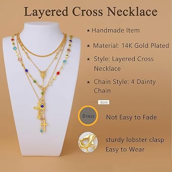 4-Piece Layered Gold Cross Necklace Set for Ladies, Trendy Bohemian Beads, Y-Pendant, Vintage Rosary Necklace, Stackable, Length Adjustable