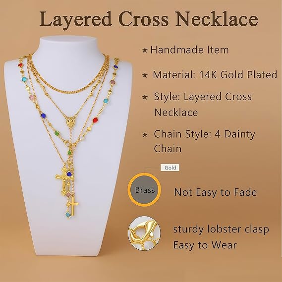 4-Piece Layered Gold Cross Necklace Set for Ladies, Trendy Bohemian Beads, Y-Pendant, Vintage Rosary Necklace, Stackable, Length Adjustable