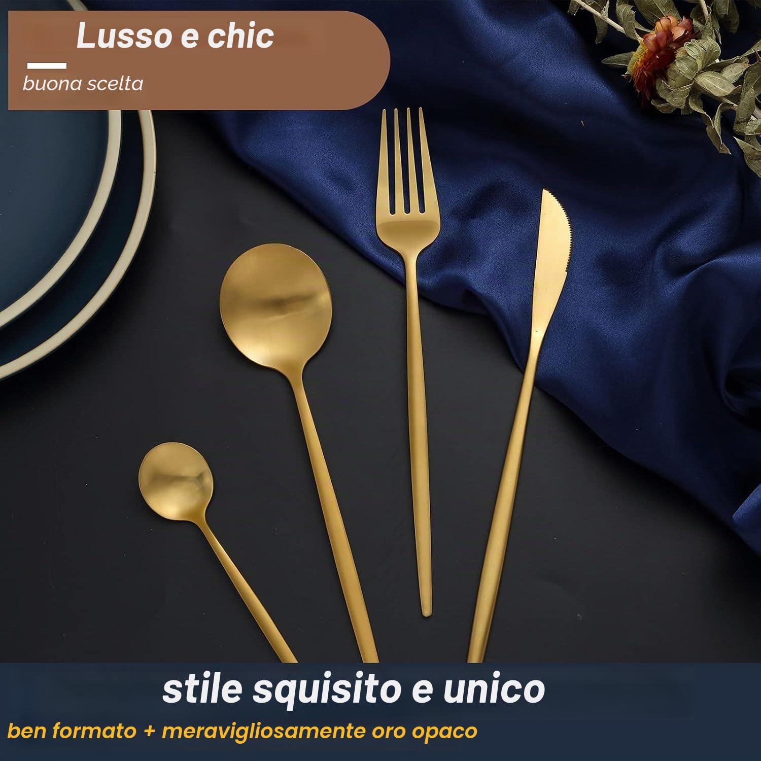 Bestdin Set di posate per 6 persone, 24 pezzi, posate oro opaco, set di posate con coltello, forchetta, cucchiaio, posate in acciaio inox di alta qualità, lavabili in lavastoviglie.