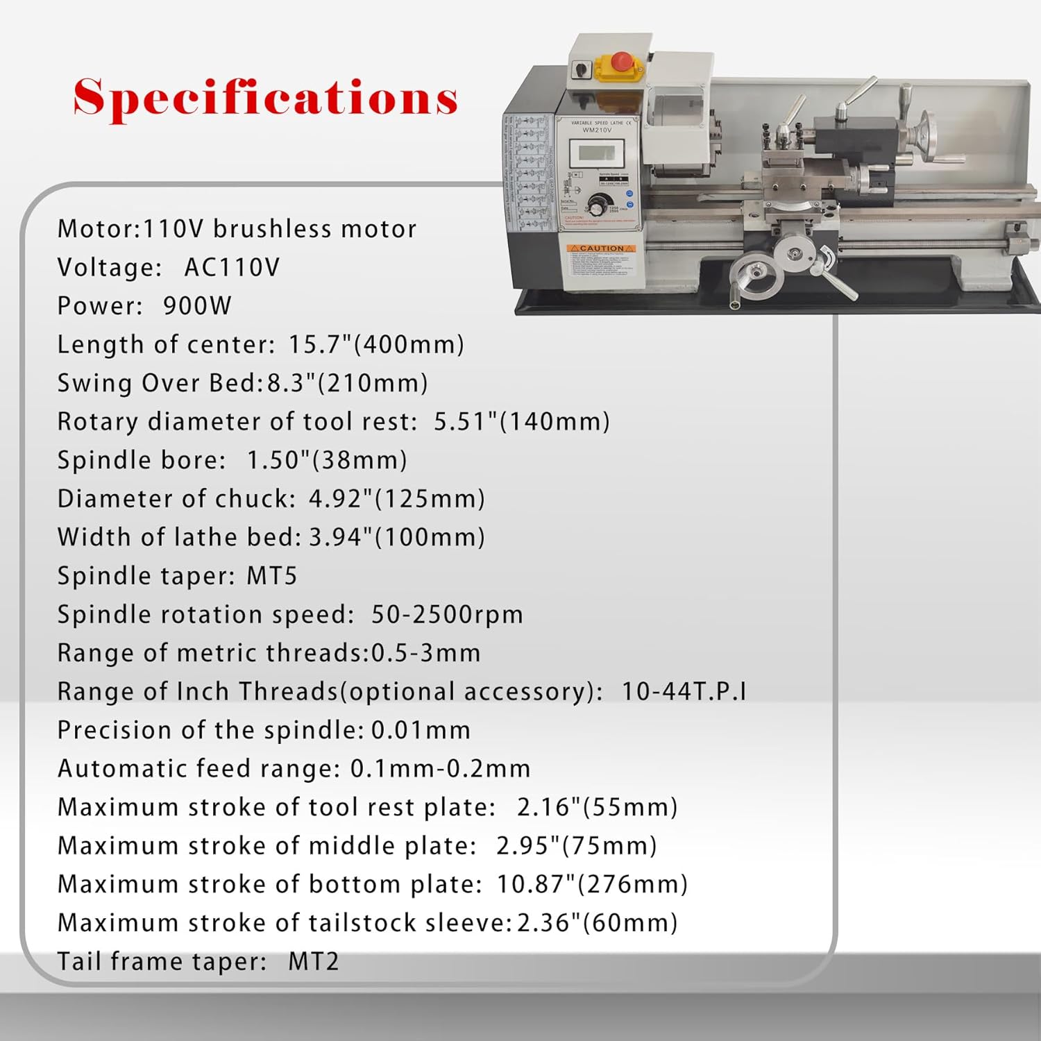 Metal Bench Lathe Benchtop 8"*16" Mini Metal Lathe Inch thread Metal Milling Machine Variable Speed 50-2500rmp for Woodworking Metalworking 110V 900W