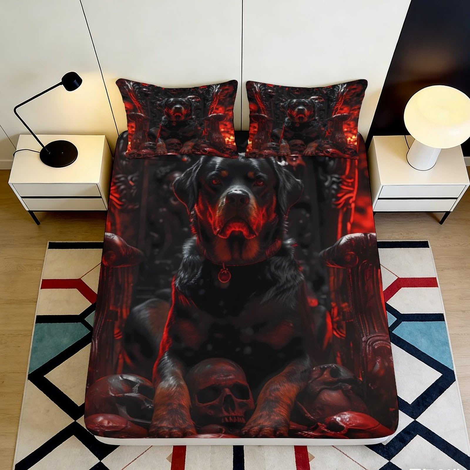 3D Printed Skull Fitted Sheet Red Black Microfiber Soft Touch, Anti-Slip, Easy Care, Bedroom Bed Cover, Apartment Bedding 160x200x25cm