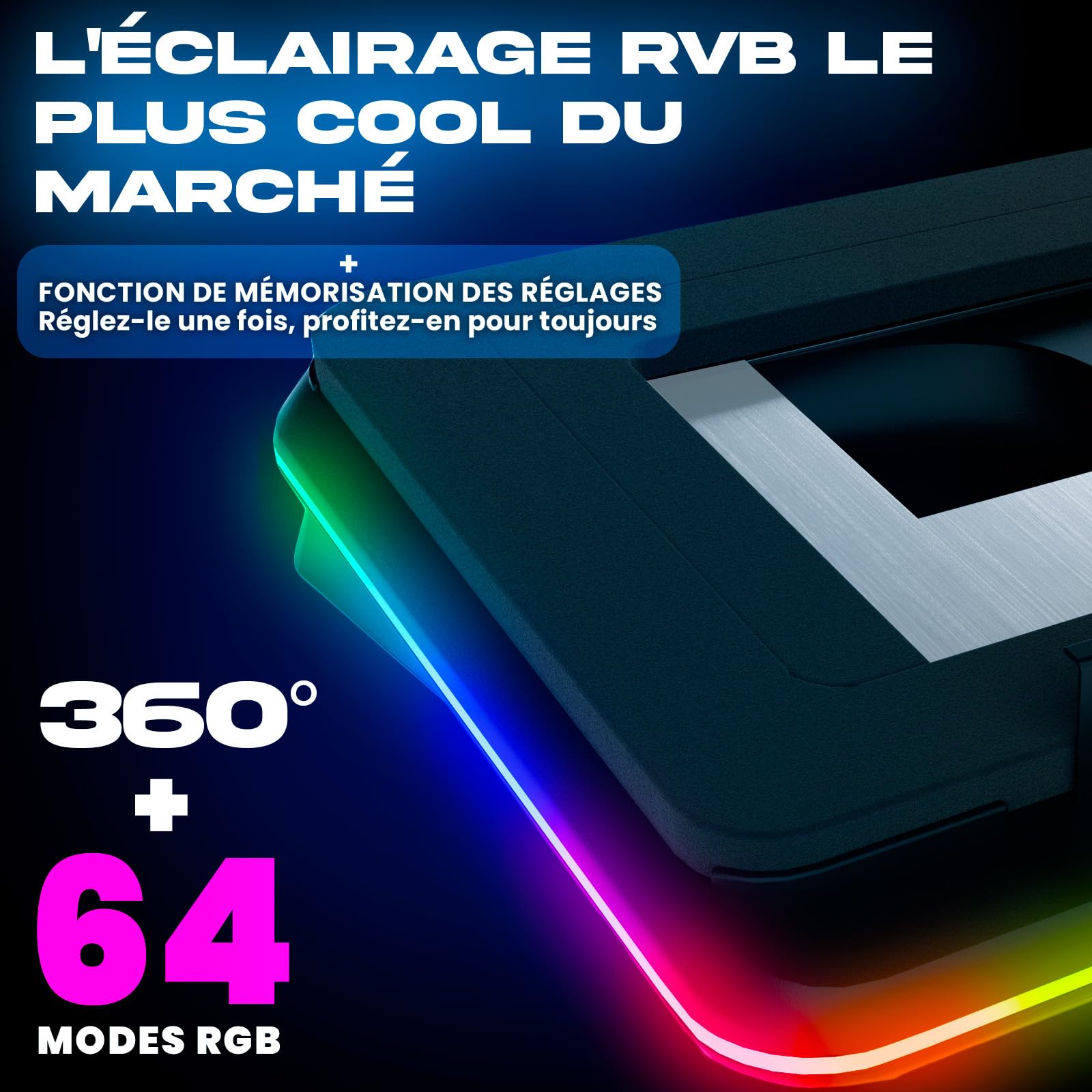 KLIM Turbofrost Refroidisseur PC Portable 4 Turbo Ventilateurs - 4x4000 RPM, 4 Ports USB, RGB Dynamique, 2 Modes d'alimentation USB-C/DC, Mousse Isolante - Support PC Portable 14-17in - Espace Gris