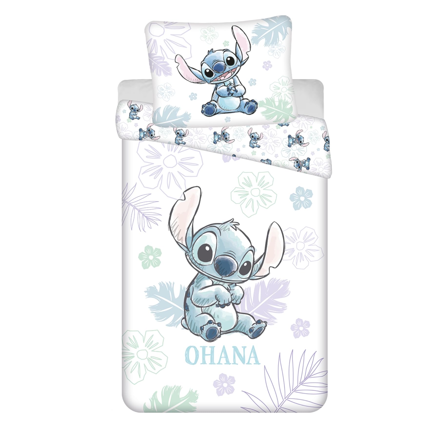 Jerry Fabrics Stitch Angel Ohana - Juego de funda nórdica reversible de 140 x 200 cm y funda de almohada grande de 70 x 90 cm, 100% algodón, color blanco