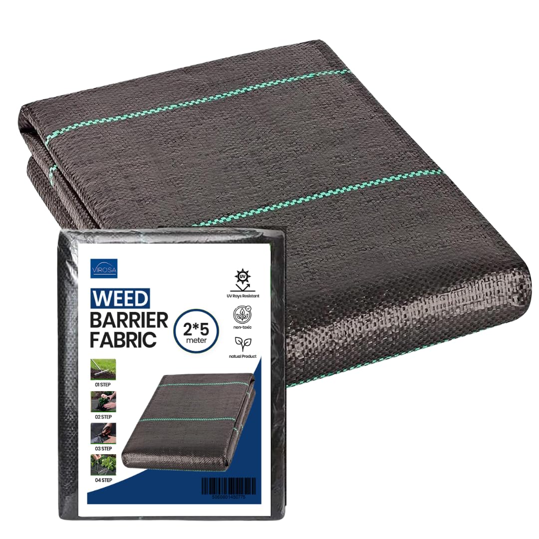 VIROSA Weed Membrane 2m x 5m, Heavy Duty 110 GSM Weed Control Fabric, Black | UV Stabilised Breathable Weed Barrier, Landscape Ground Cover Membrane for Gravel, Garden Borders, Flower Beds