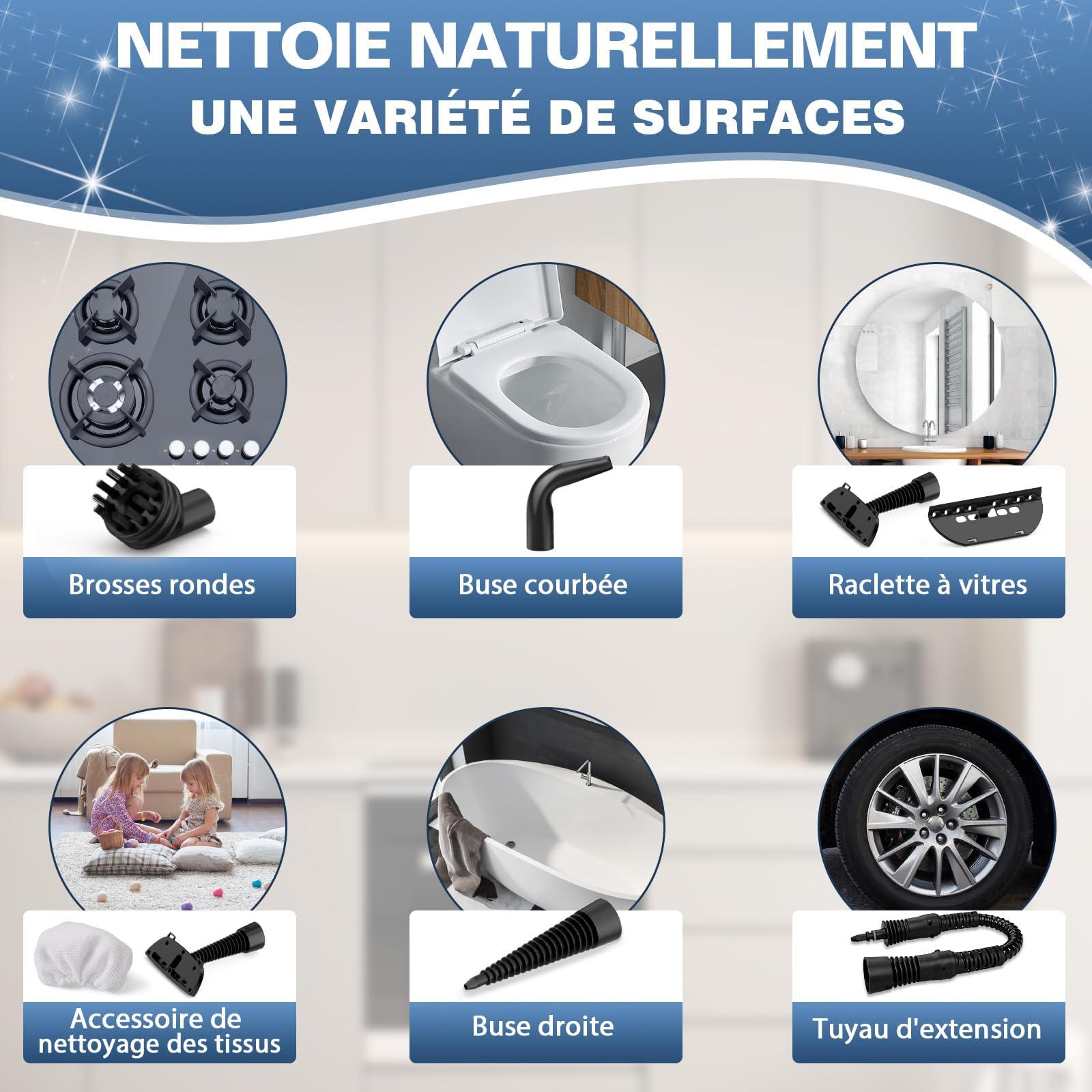 KLONA Nettoyeur Vapeur Portable, 1050W, Nettoyage Haute Température | pour Tapis, Rideaux, Canapés, Cuisine, Salle de Bain | Sans Chimie | Serrure de Sécurité | avec 10 Accessoires