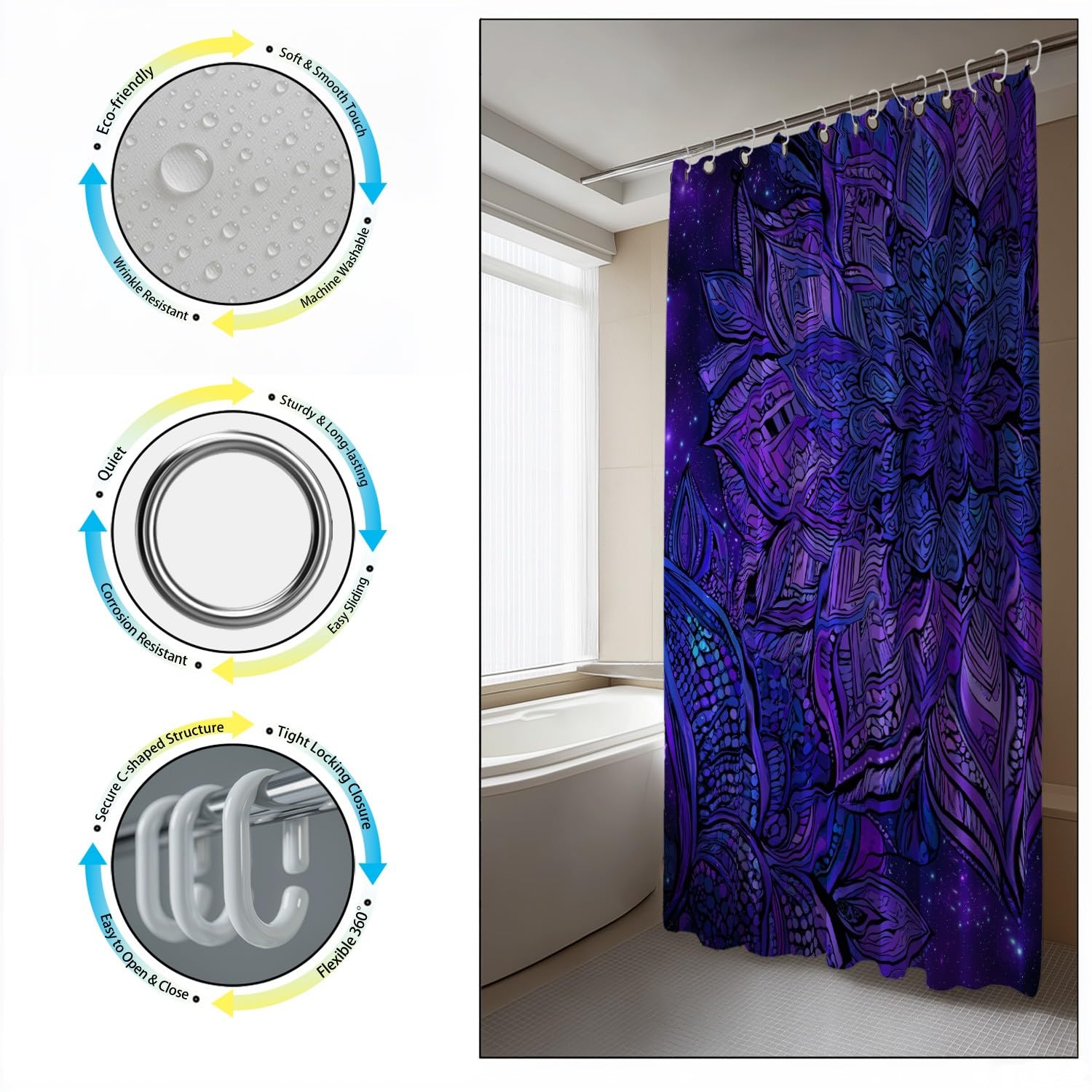 Zasłona prysznicowa 120 x 200 cm, 1 panel, miękka mikrofibra, wodoodporna i odporna na pleśń, nadaje się do prania, do łazienki, wanny, z oczkami i haczykami, ciemnoniebieska, delikatne płatki mandali