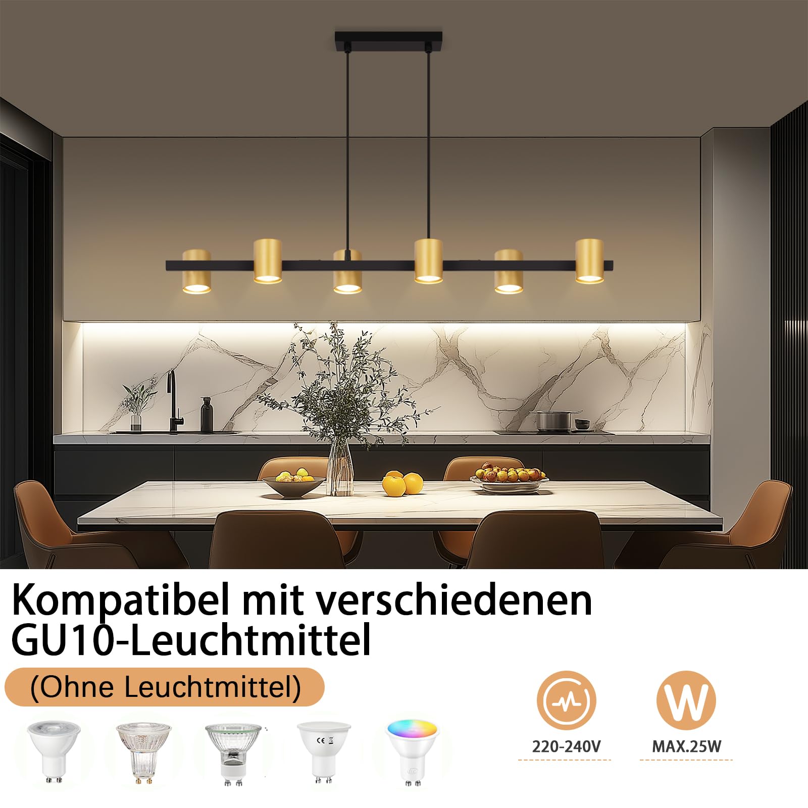 Pendelleuchte esstisch Hängelampe 6 Flammig: Modern Esstischlampe hängend in Schwarz Gold GU10 Esszimmerlampe Metall Hängeleuchte Industrial für Küche Wohnzimmer Esszimmer- Ohne Leuchtmittel | in schwarz gold GU10 Esszimmerlampe lang Metall Pendelleuchte