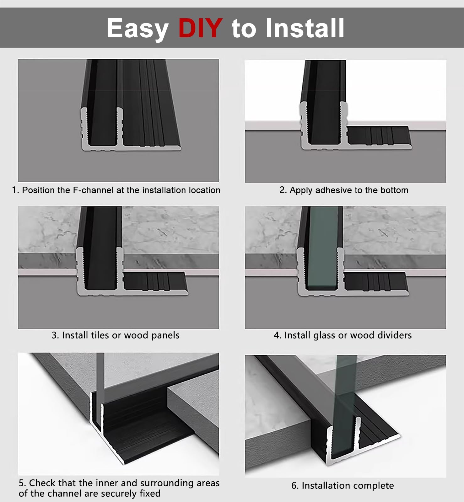 Cristal de ducha con canal F profundo, perfil de montaje en techo de pared de aluminio para panel de 1/3 3/8 1/2 pulgadas de grosor, retenedor de puerta sin marco de baño