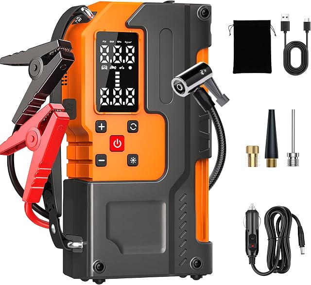 Jump Starter with Air Compressor 2000A, 10000mAh&150PSI Car Battery Jumper Starter Portable, 12V Battery Pack Jump Box (9L Gas/7L Diesel Engine) with Boost, Light and Jumper Cables(Orange)