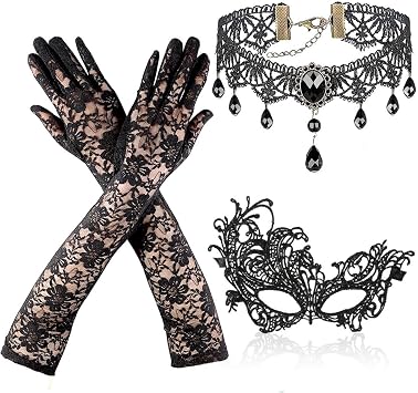Meleager Masquerade Jewellery Set 3-Piece Halloween Womens Jewellery Set Black Lace Gloves Lace Mask Gothic Choker Necklace for Halloween Carnival Party Costume Cosplay