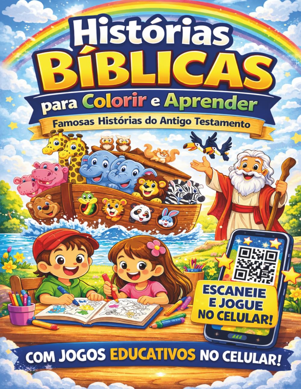 Livro de Colorir Bíblico Infantil com QR Code: Histórias do Antigo Testamento para Colorir e Jogos Educativos Bíblicos Via QR-code