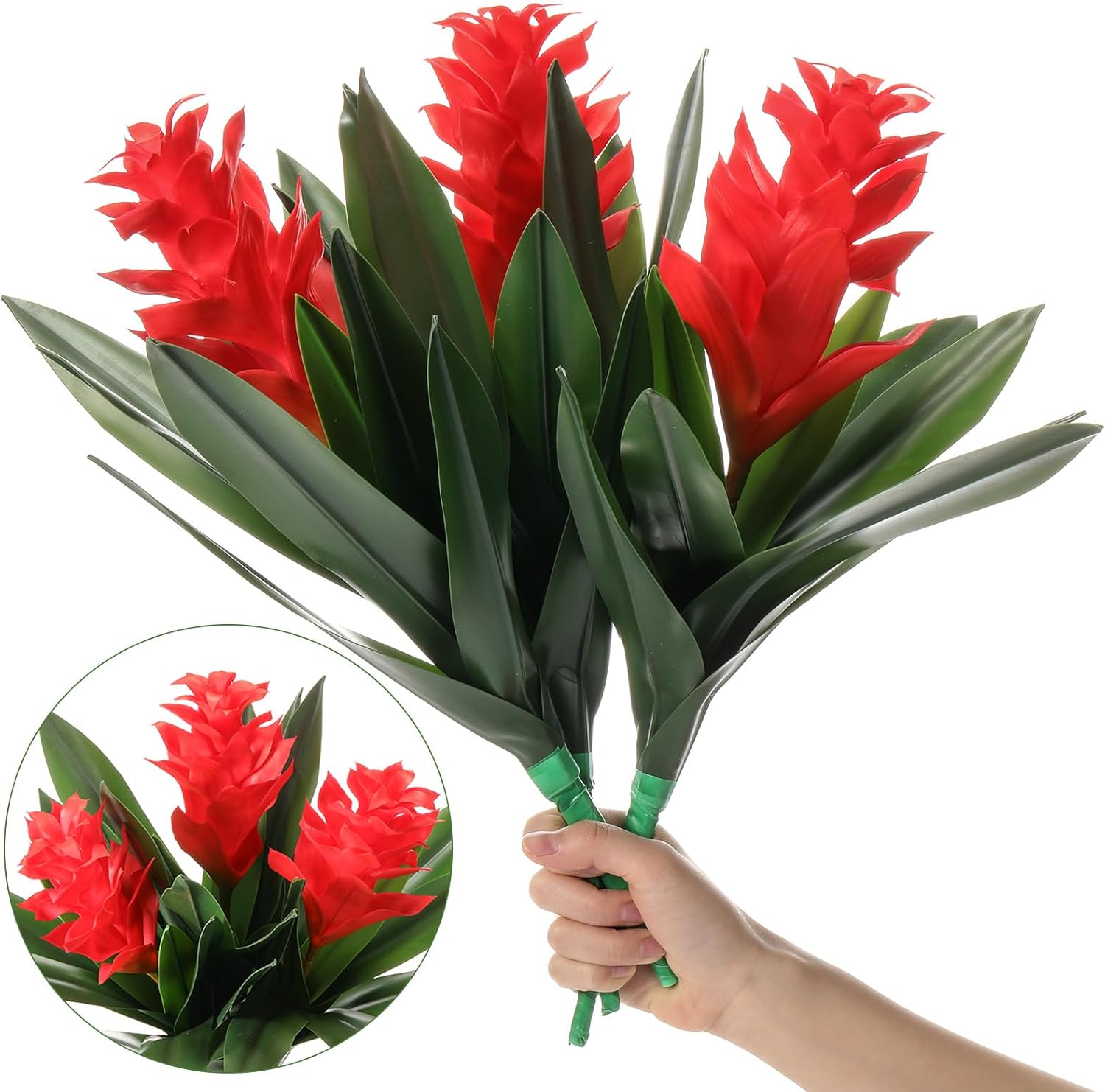 Hotop 6 Pack 16'' Artificial Tropical Bromeliad Flower Fake Ginger Torch Red/Yellow Bromeliad Plant New House Gift for Indoor Outdoor Patio Garden Home Decor (Red)