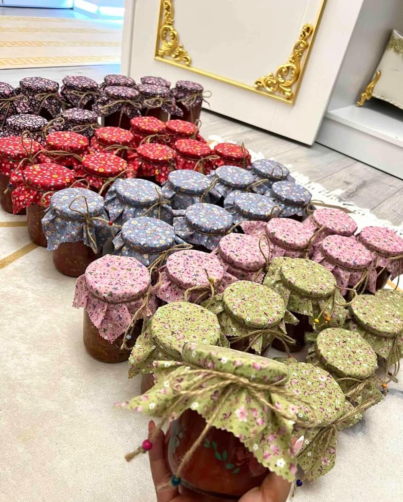 50 Pieces% 100 Cotton Flowered Pattern Fabric Jar Cover Cloth- 6.7'' Jar Cover Cloth With 50 Pieces Beaded Jute Rope