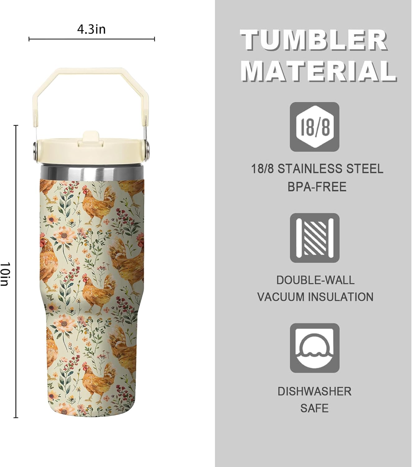 30 Oz Chicken Tumbler with Handle and Straw, Insulated Rooster Cup Gifts for Chicken Lovers Women, Double Wall Stainless Steel Chicken Mugs, Chicken Travel Mug Chicken Gifts for Women - Image 2
