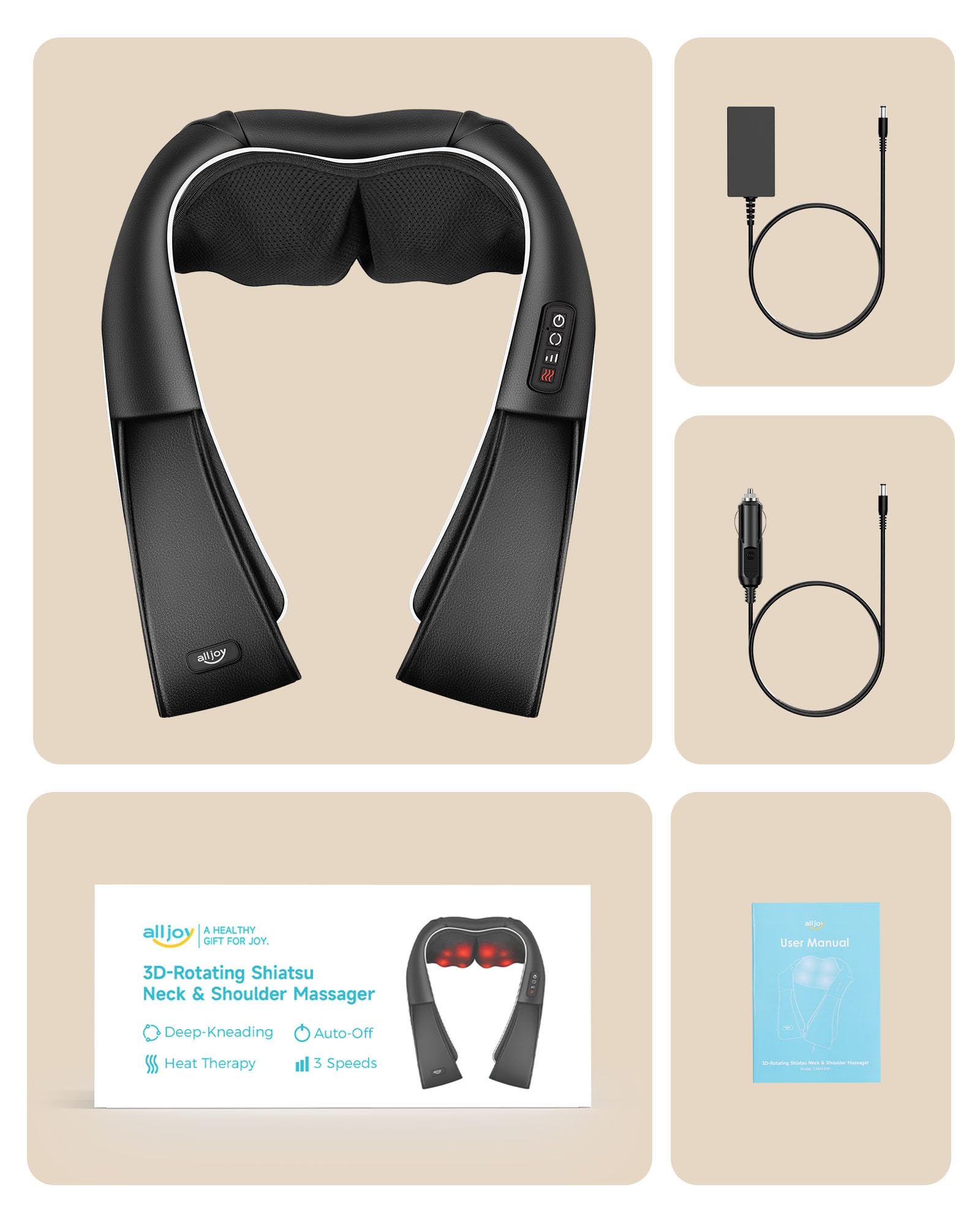Masajeador Shiatsu de espalda y cuello con calor, almohada eléctrica ALLJOY de tejido profundo 3D, para aliviar el dolor de cuello, uso cómodo en la oficina en casa, idea de regalo para papá, mamá