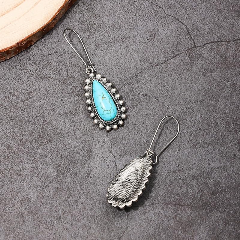 Vintage Turquoise Teardrop Earrings, Antique Silver Beaded Border, Long Hook Dangle, Boho Drop Earrings for Women - Image 4
