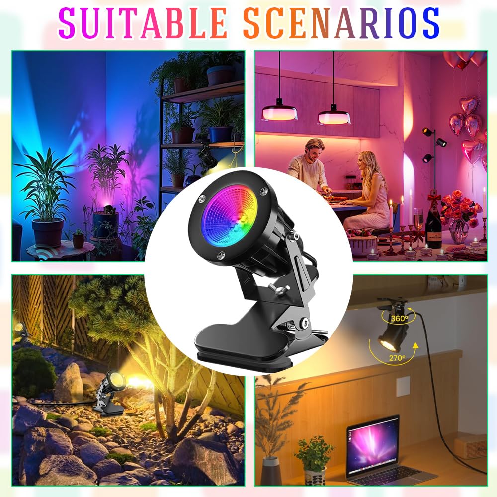 LED Foco de Pinza, 6W RGB LED Foco de Pinza, 15 Luz RGB + Luz Cálida 3000K, IP65 Resistente, Lámpara de Jardín con Enchufe de 3 m, Conector e Interruptor para Interior y Exterior, Patio Césped