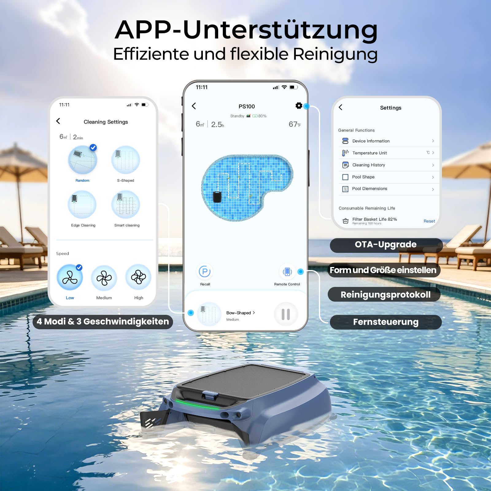 PS100 Solar Pool Skimmer Roboter, Kabelloser Poolroboter | Aktives Solar-Tracking, App-Steuerung, 24/7 Oberflächenreinigung, 6L Filterkorb, Ultraschall-Hinderniserkennung für alle Pool