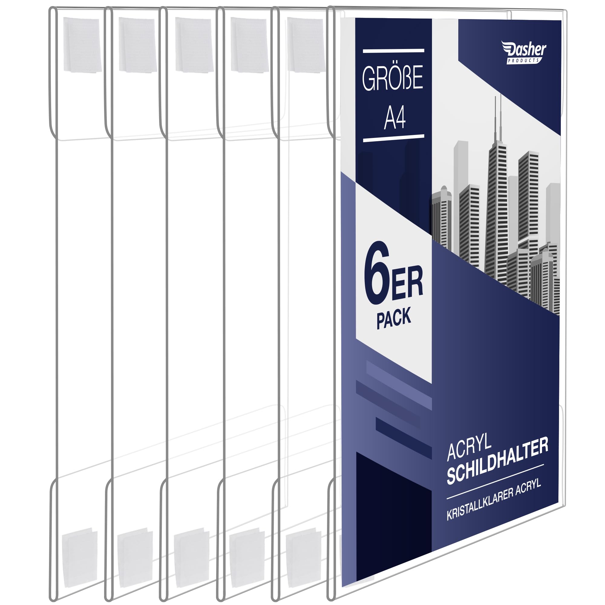 Acryl-Schilderhalter zum Einklemmen, A4 - Hoch- oder Querformat, durchsichtiger Wandrahmen, perfekt für Zuhause, Büro, Geschäft, Laden, Restaurant, mit Klettverschluss zur Wandbefestigung (A4-6 Pack)