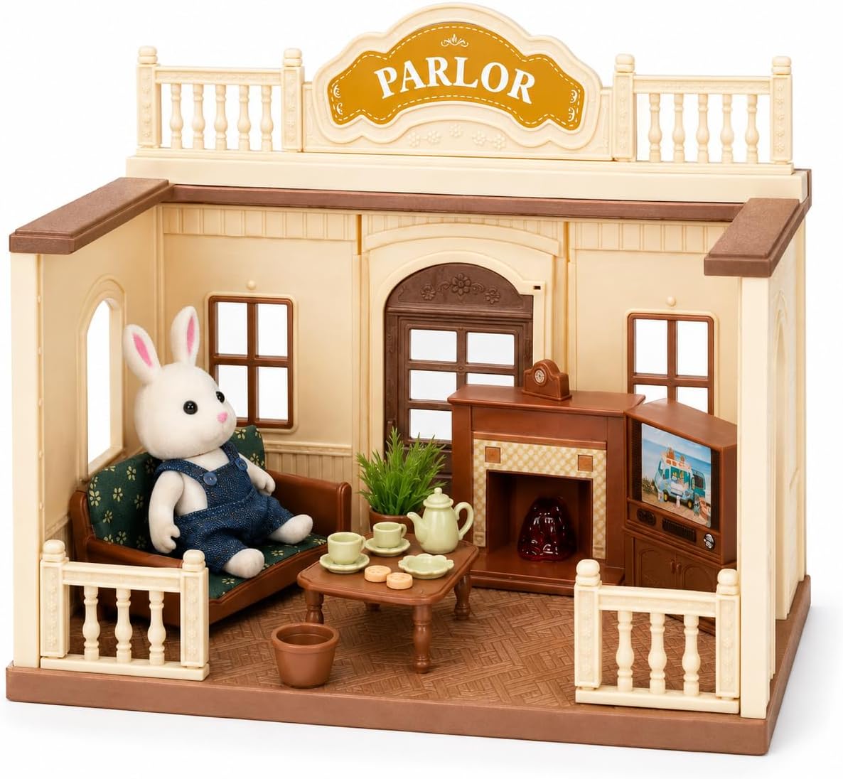 Family Parlor Doll House — Cozy Living Room Cabin with Bunny Figure, Sofa & Furniture, Modular Pretend Play Set for Kids Ages 3+