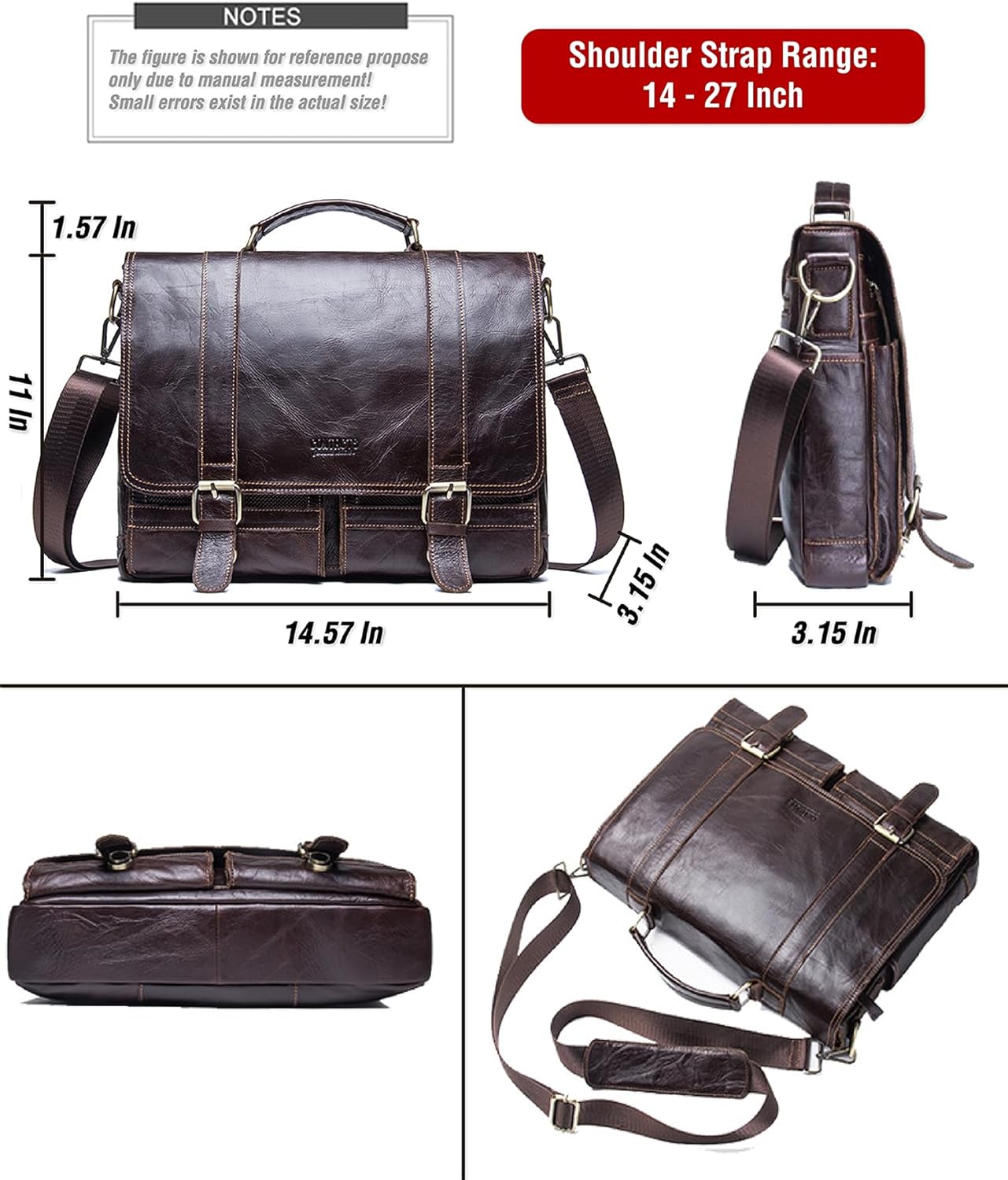 Top Grain Leather 14.2" Laptop Briefcase Crossbody Handbag, Vintage Design & Multi Pockets, Fits to MacBook Pro/Air 14"/13.3"/13.6" 2021 2022 M1 Pro/M1 Max & A4/A5 Paper, Black 14.2 Inch