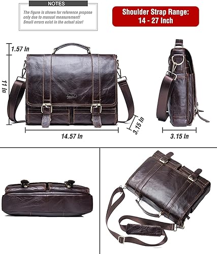 Miniatura 4 de Top Grain Leather - Maletín cruzado para laptop de 14.2 pulgadas, diseño vintage y múltiples bolsillos, se adapta a MacBook ProAir de 1413.313.6