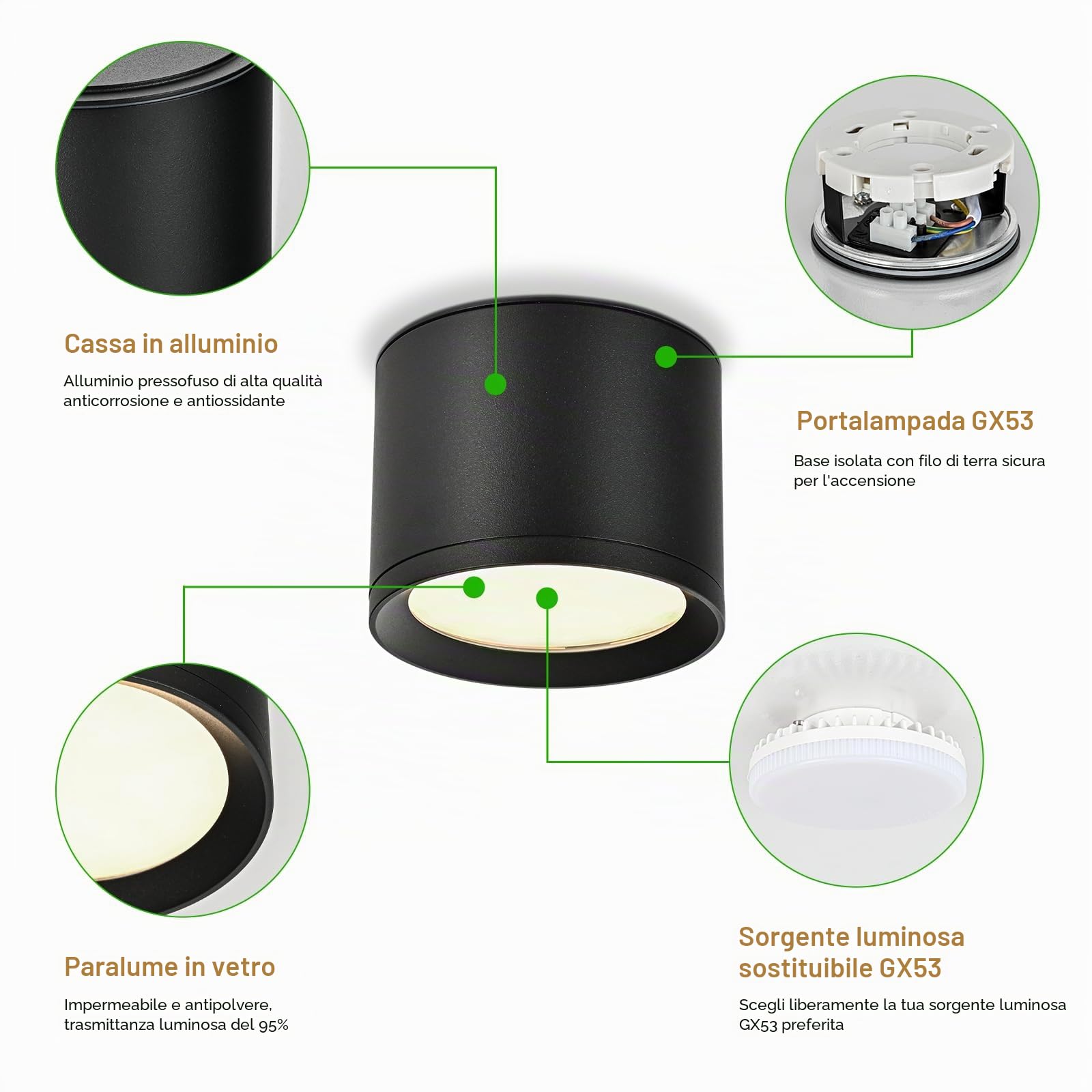 KYOTECH Faretti LED Soffitto IP44 - Ø84*65mm GX53 Faretto LED Interno - 6W 550LM 4000K Lampada da Soffitto - Alluminio Nero Spot per Bagno Soggiorno Cucina Corridoio Set di 4