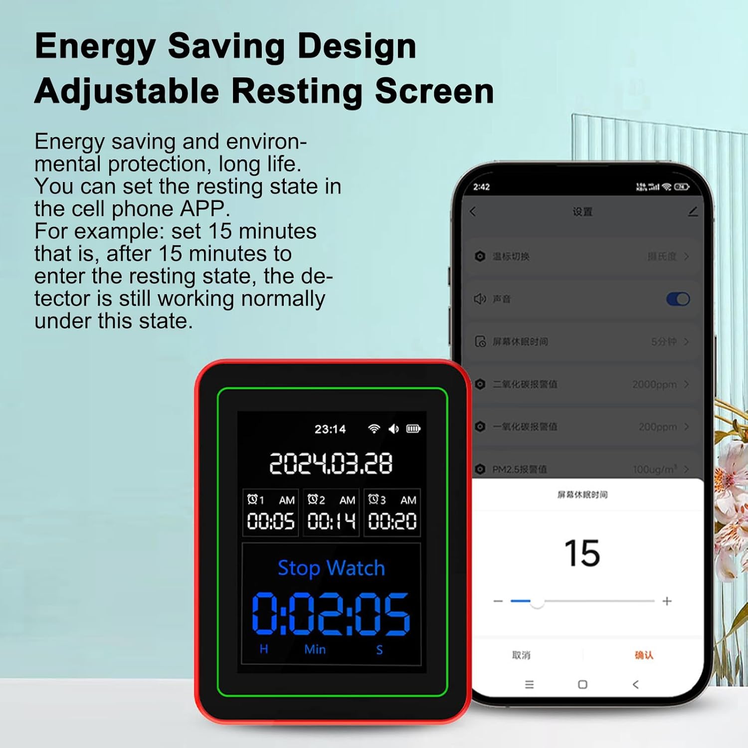 Weytoll 15-in-1 Smart Air Quality Monitor displaying an energy-saving resting screen with a stopwatch, next to a smartphone showing app settings for screen rest time.