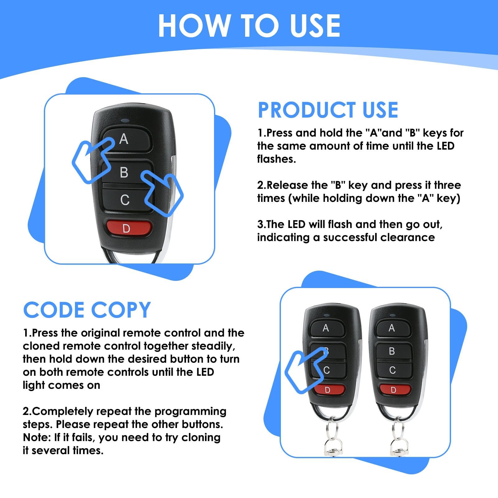433mhz Universal Remote Garage Door Opener,2PCS Duplicator Replacement Garage Gate Electric Remote Control Key Fob Wireless Cloning for Gates Doors Control Keychain with Transmitter 4 Button - Image 3