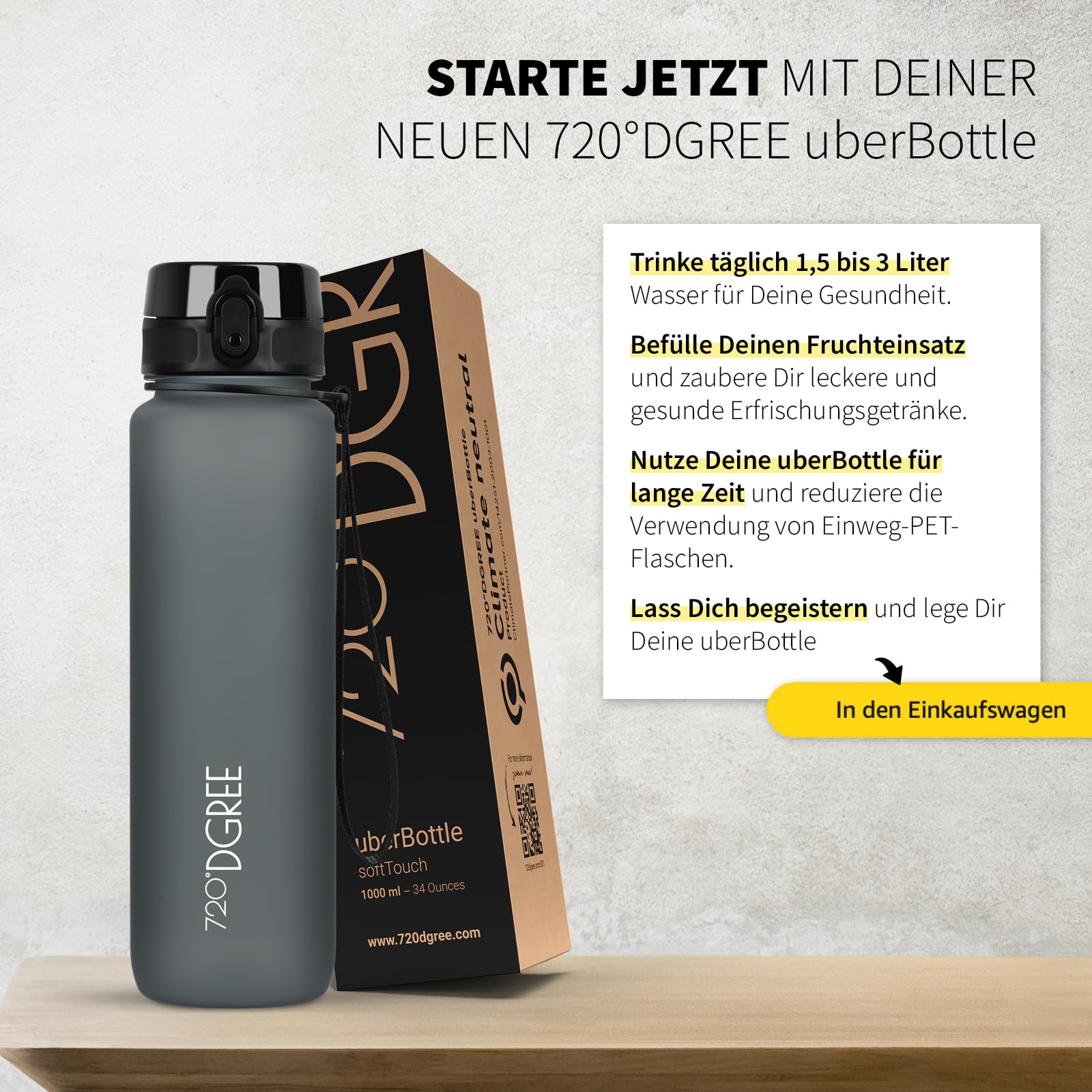 720°DGREE Trinkflasche “uberBottle“ +Sieb - 350ml, 500ml, 650ml, 1000ml, 1,5l, 2l - BPA-Frei - Wasserflasche für Sport, Schule, Kinder, Fitness, Gym, Fahrrad, Outdoor - Leichte Tritan Sportflasche - 5