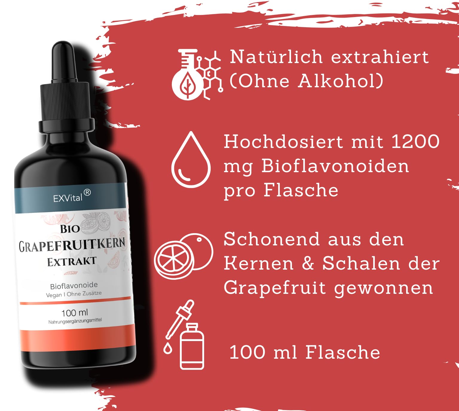 EXVital Bio Grapefruitkernextrakt, 2600mg Grapefruit Extrakt aus Kern und Schale,100ml Flasche, laborgeprüft und biozertifiziert.. Hochdosiert, vegan. ApoTest: "Sehr gut"