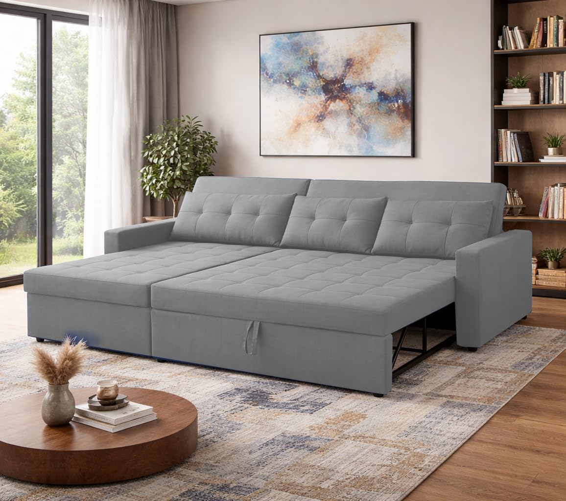 GRAPEWOOD Emilio 4 Seater LHS L - Shape Pull-Out Sofa Cum Bed Sofa for Living Room (Dark Grey Fabric Color) Premium Fabric Sofa Set for Living Room Sofa Cum Bed