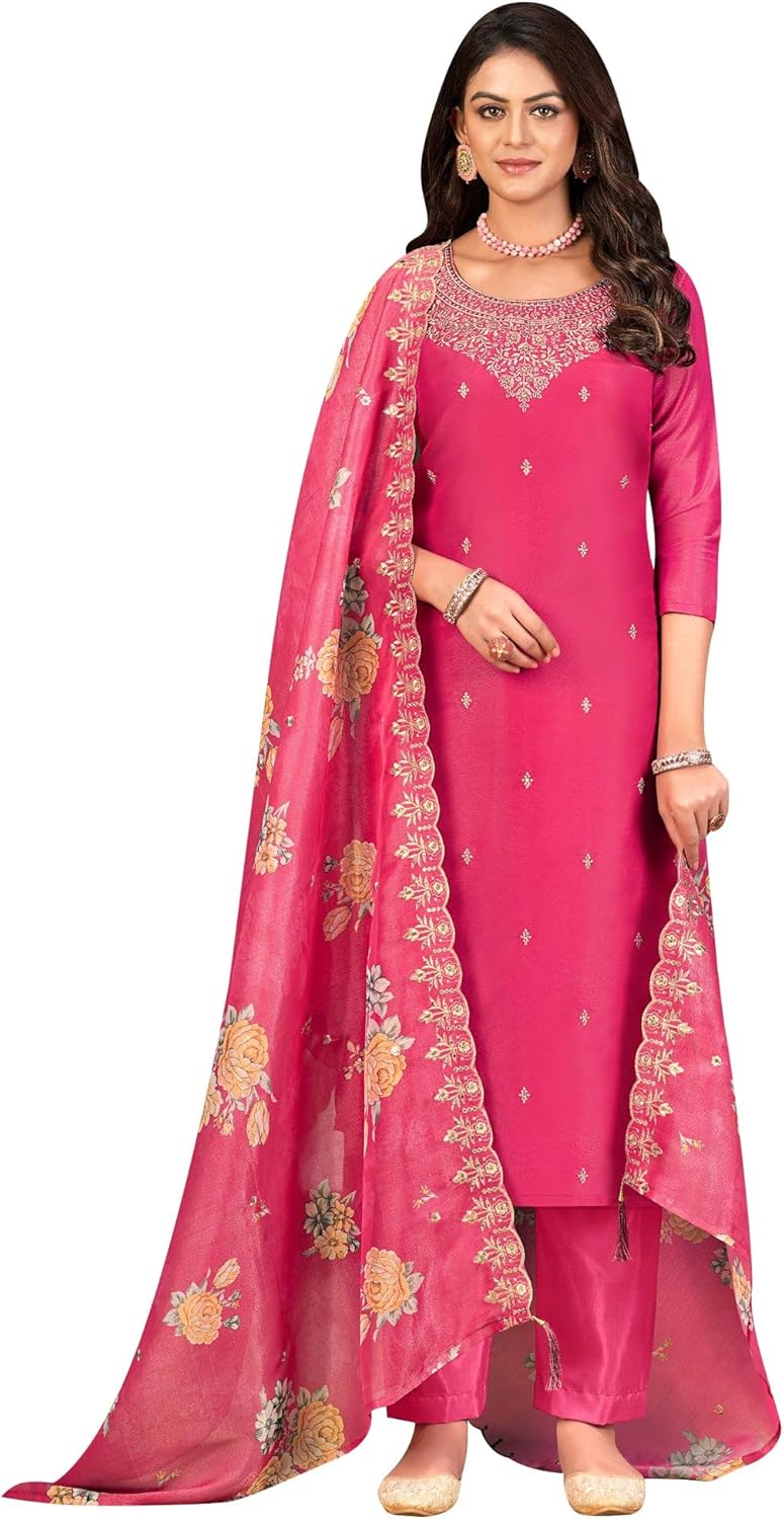 ladyline Womens Jam Cotton Silk Salwar Kameez with Gold Foil Printed, Saroski Stone, Lace & Silk Dupatta – 3 Piece Suit Set