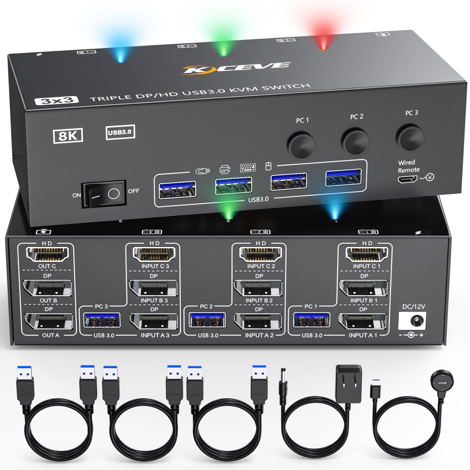 Commutateur KVM 3 moniteurs 3 PC, Displayport HDMI USB 3.0 Commutateur KVM pour deux écrans, prend en charge 4K @ 60 Hz pour 3 ordinateurs