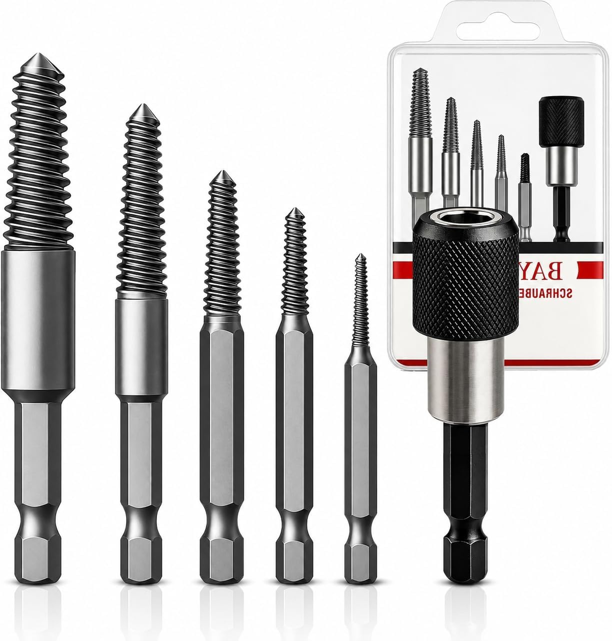 Lot de 6 extracteurs de vis E6.3 - Extracteur gauche avec porte-embout à changement rapide - Tournevis + extracteur pour vis endommagées et coincées