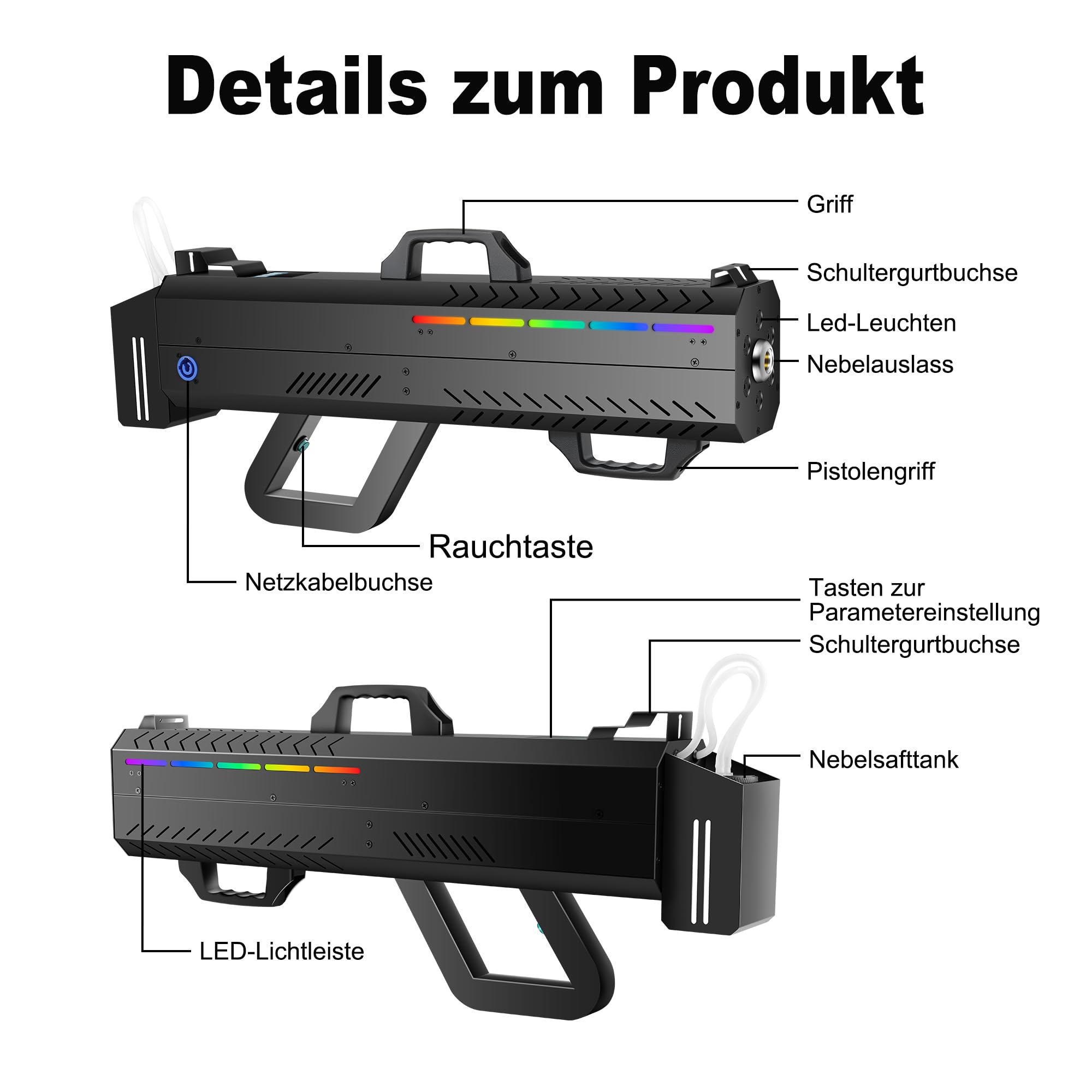 Telbum Nebelmaschine 1500W Party Gun mit 6 LEDs, Handheld Nebelmaschine mit Ständer/Gurt Dual Use, Timerfunktion, Fog Machine für Halloween Party, DJ Disco Bühne Hochzeit