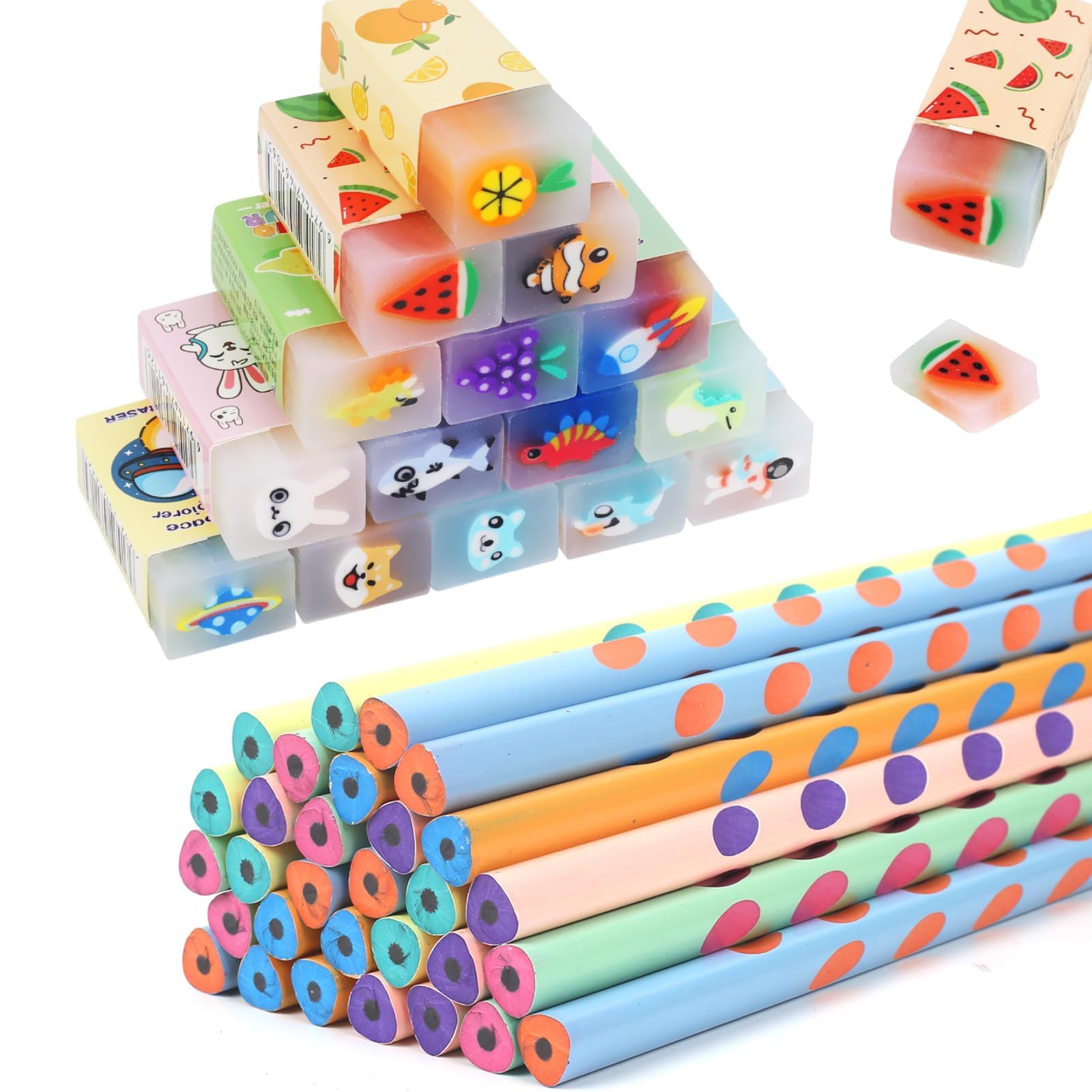 Gudotra 60 Stück Gadget Geburtstag Kinder Schulbedarf-Set Partygeschenk mit 30 Bleistiften und 30 Radiergummis für Kinder zum Ende der Geburtstagsfeier