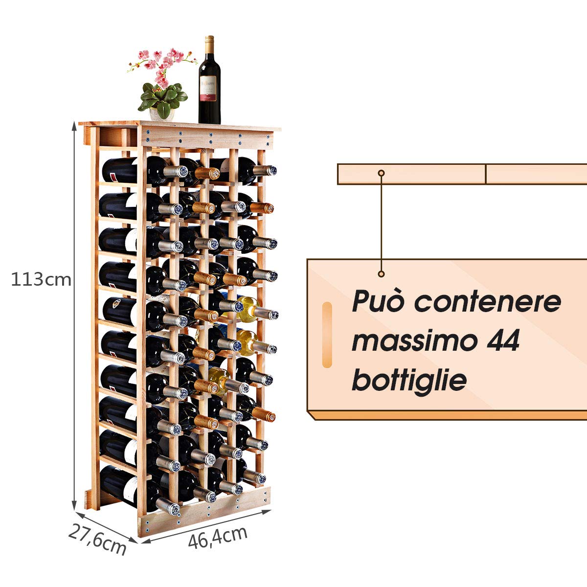 GYMAX Portabottiglie di Vino, Scaffale Porta Vino per 40 Bottiglie, Cantinetta Vino in Legno di Pino, 46,4 x 27,6 x 113 cm