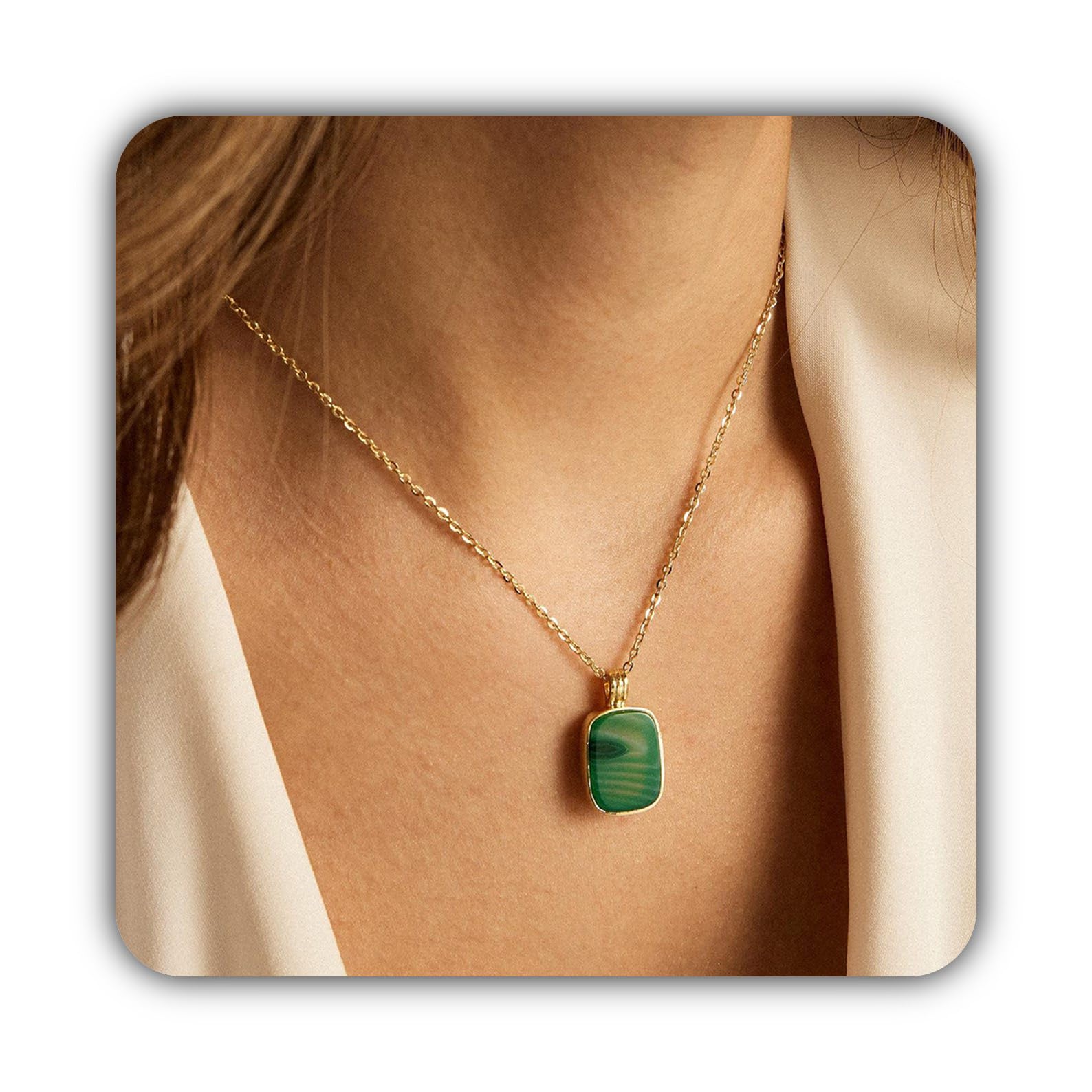 Malachite ciondolo collana, argento Plated verde pietra delicato Rectangle Natale
