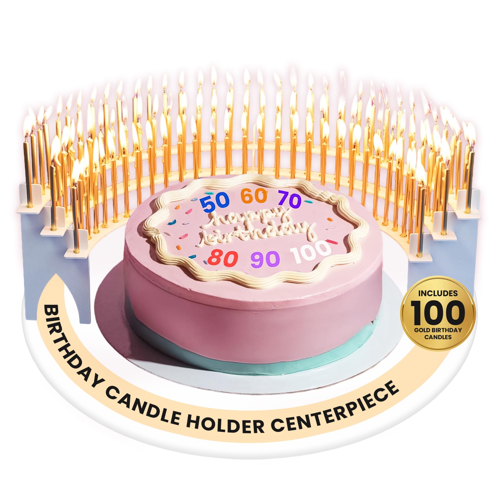 White Candle Holder Centerpiece for Milestone Birthdays – Perfect for 40th, 50th, 60th, 70th, 80th, 90th, and 100th – Includes 100 Gold Birthday Candles – Elegant Cake Decorations