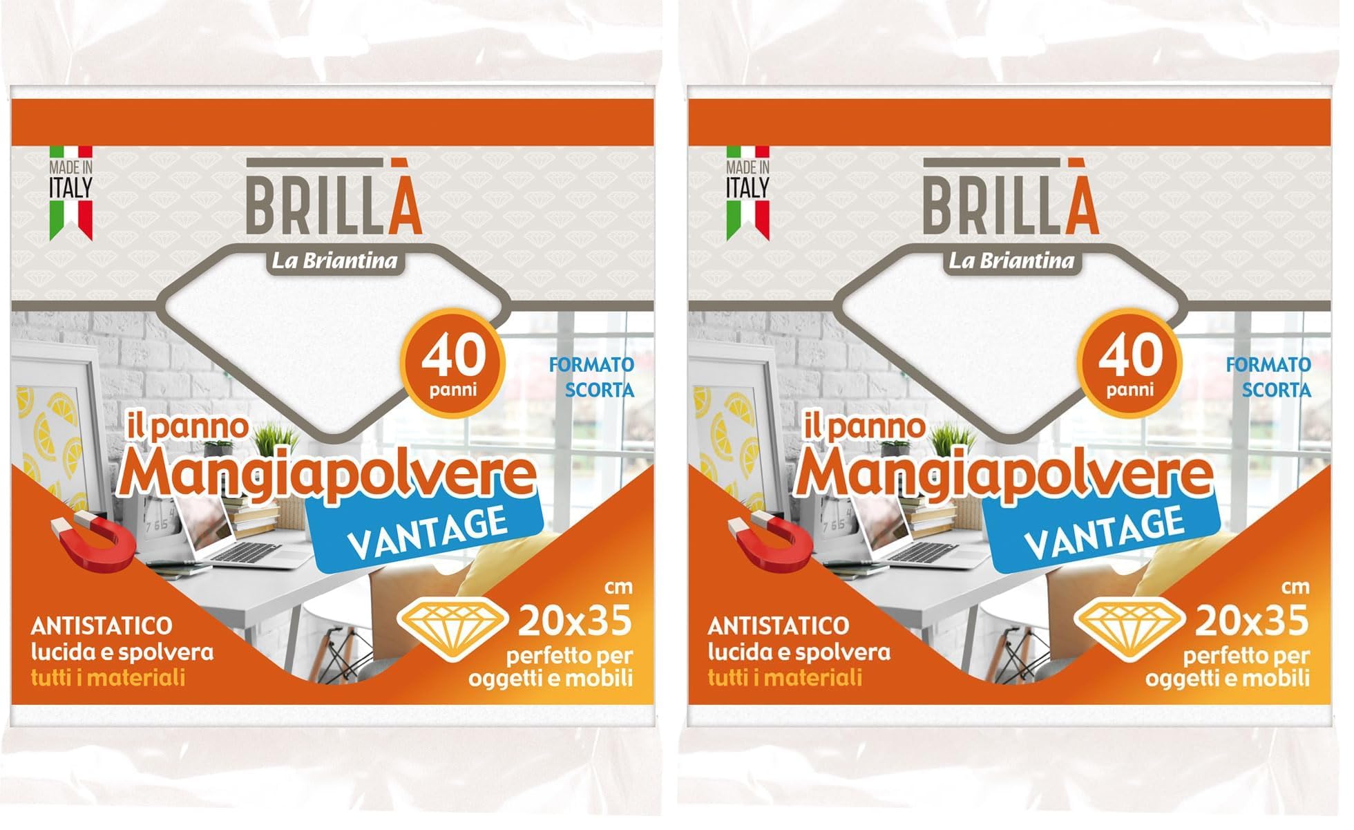 La Briantina Panni Mangiapolvere Vantage - 40 Panni Elettrostatici Usa e Getta, 20x35 cm, Morbidi per Superfici Delicate, Poliestere e Viscosa (Confezione da 2)