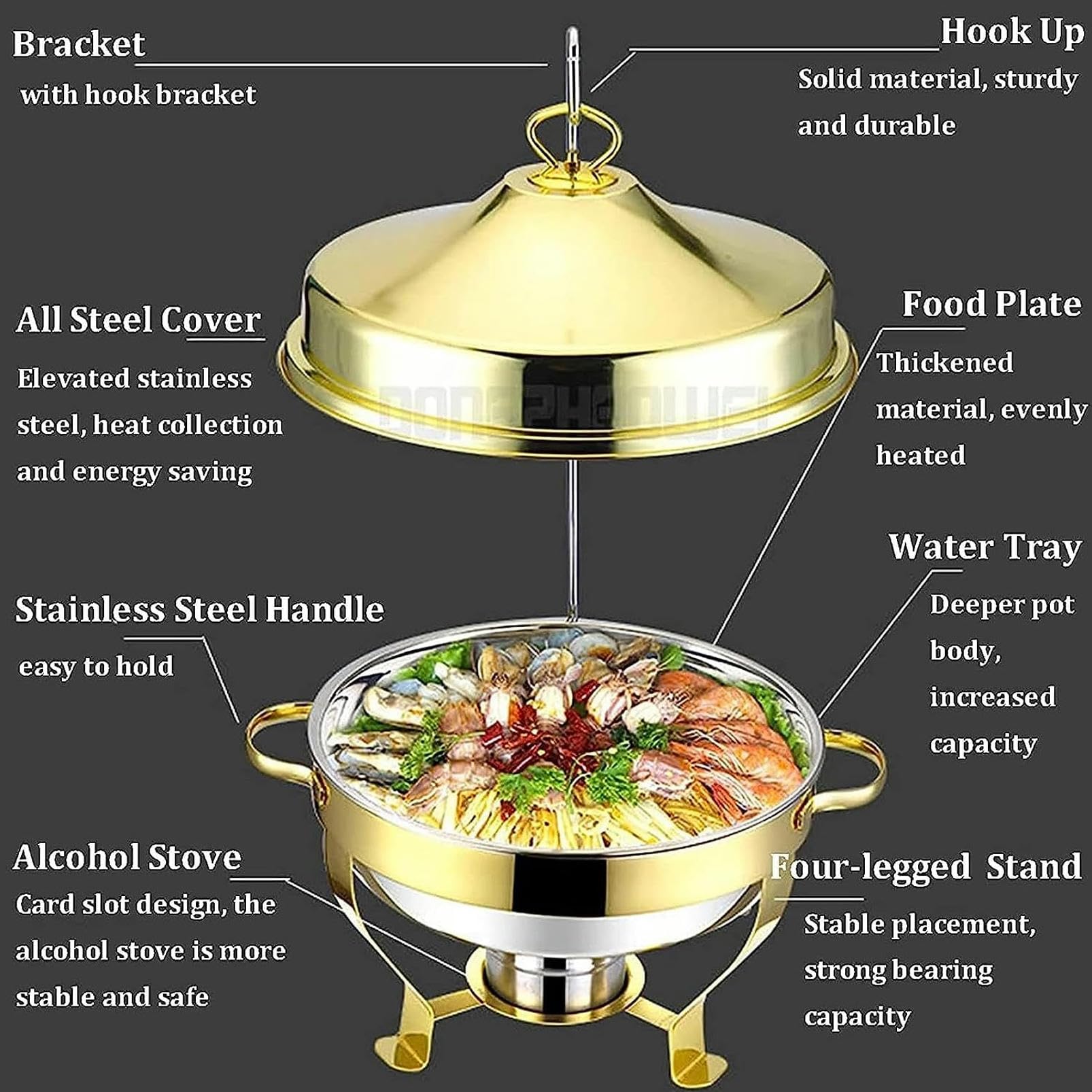 Chafing Dish Rotondo In Acciaio Inossidabile Da 9 Litri, Scaldavivande E Scaldavivande Di Dimensioni Standard Con Teglia Per Alimenti, Contenitori Per Combustibile E Coperchio Per Catering Per Feste,