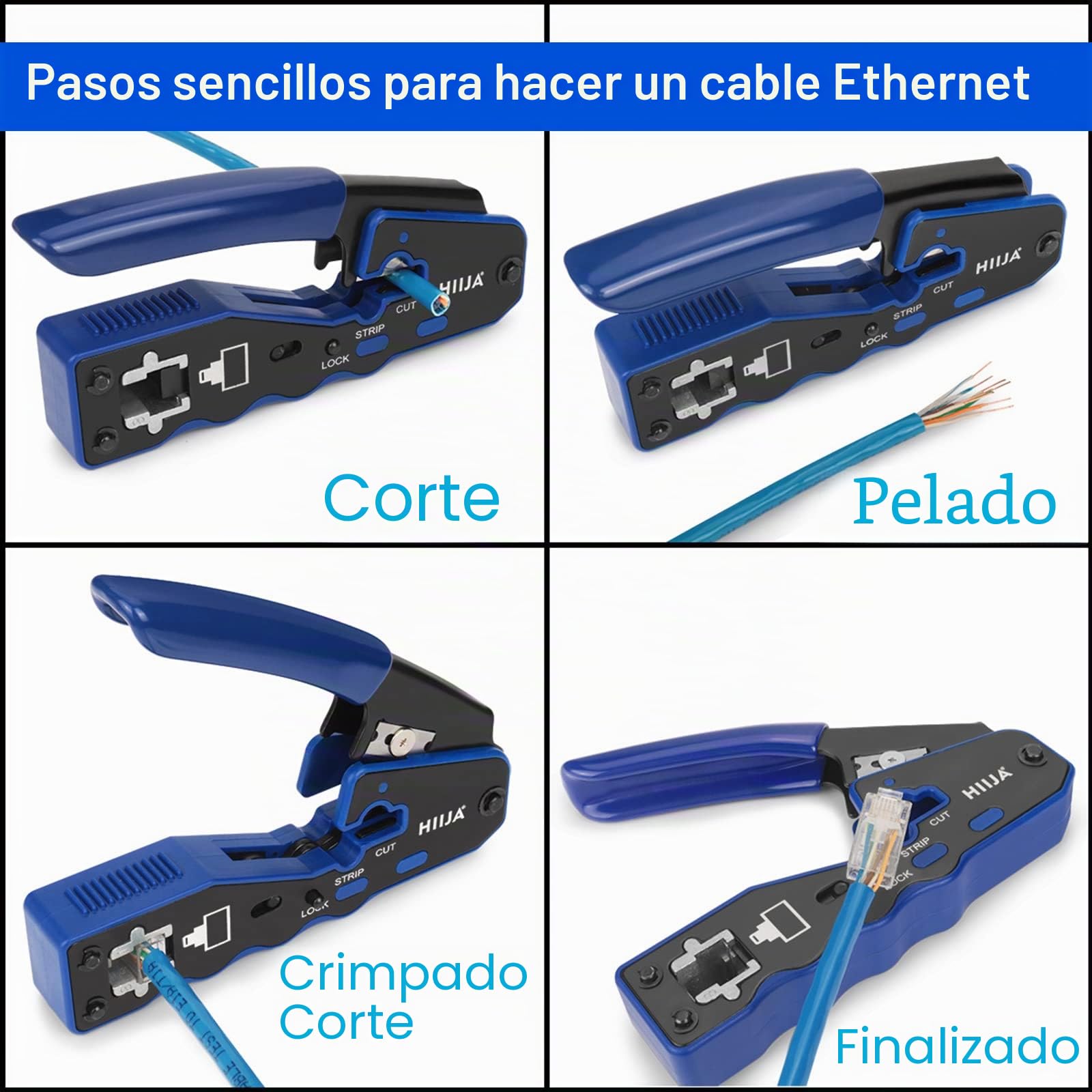 Kit Crimpadora RJ45 Cat6 Cat5e Cat5 con Comprobador de Cable, Herramienta Ethernet 3 en 1 con Pelacables, 50 Conectores RJ45 Pasantes y Fundas